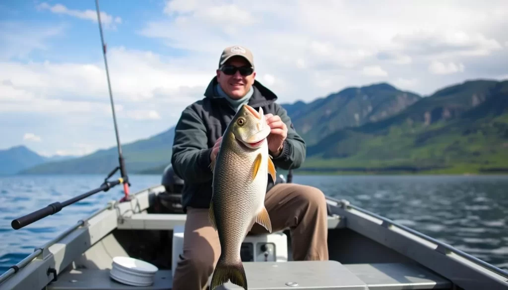 Image of a fishing boat on Great Slave Lake with a catch of the day
