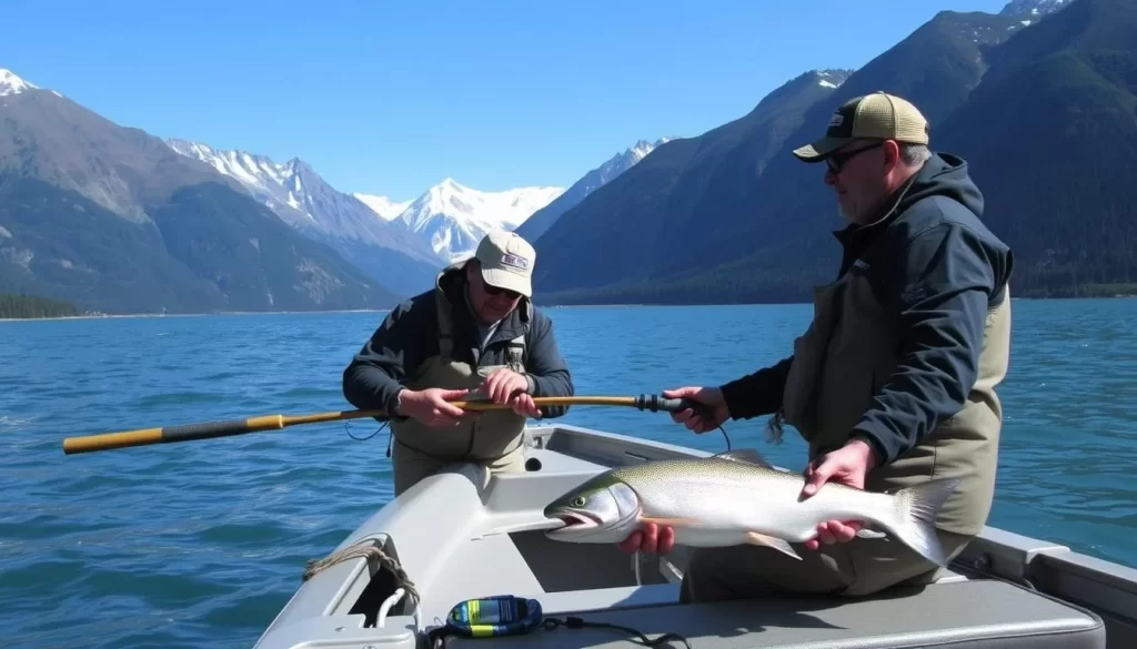 Image of a fishing guide with clients on Kluane Lake