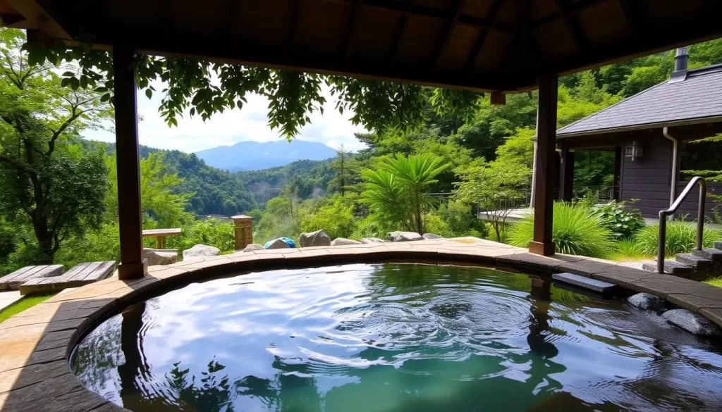 Image of a foot bath in Kawayu Onsen with a scenic view