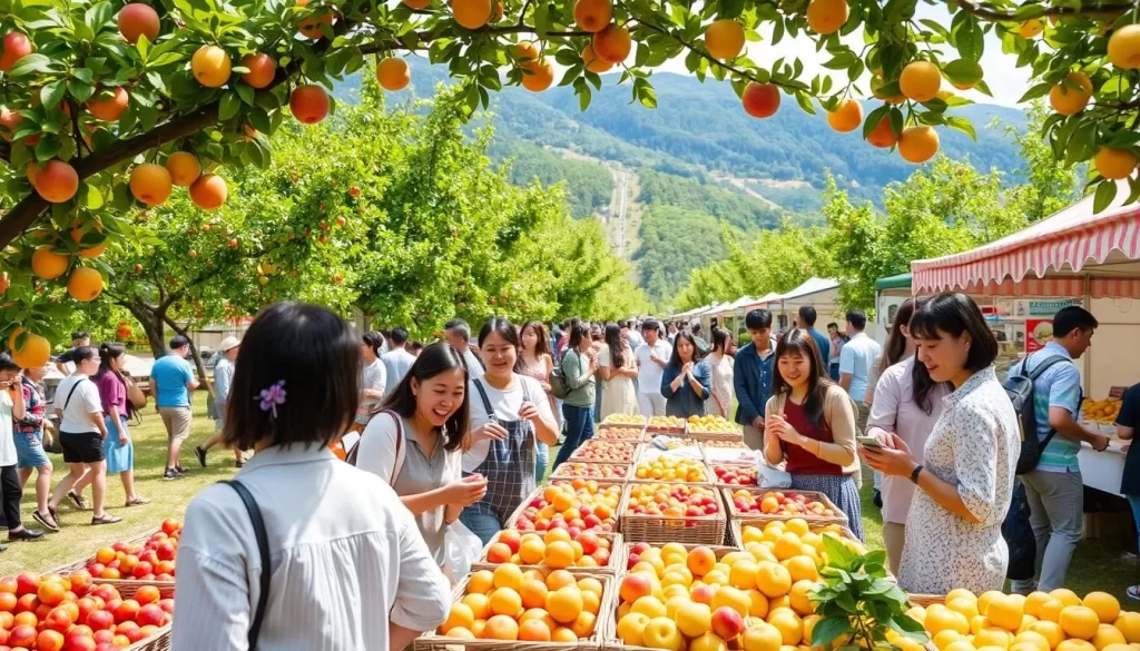 Image of a fruit picking festival in Yamanashi, with people enjoying fresh fruits
