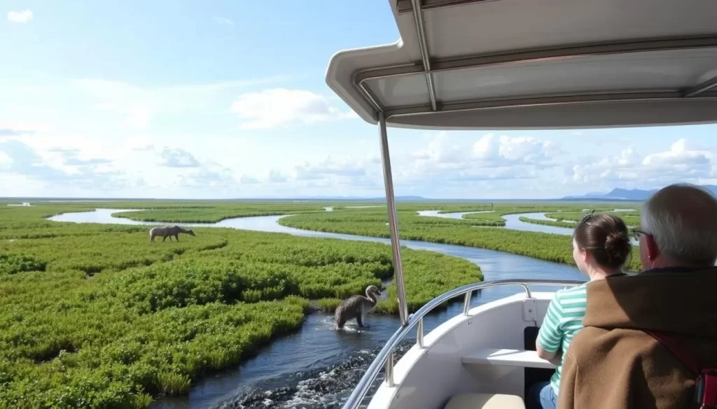 Image of a guided boat tour navigating through the Mackenzie Delta's intricate waterways