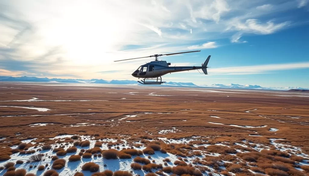 Image of a helicopter flying over Wapusk National Park's tundra landscape