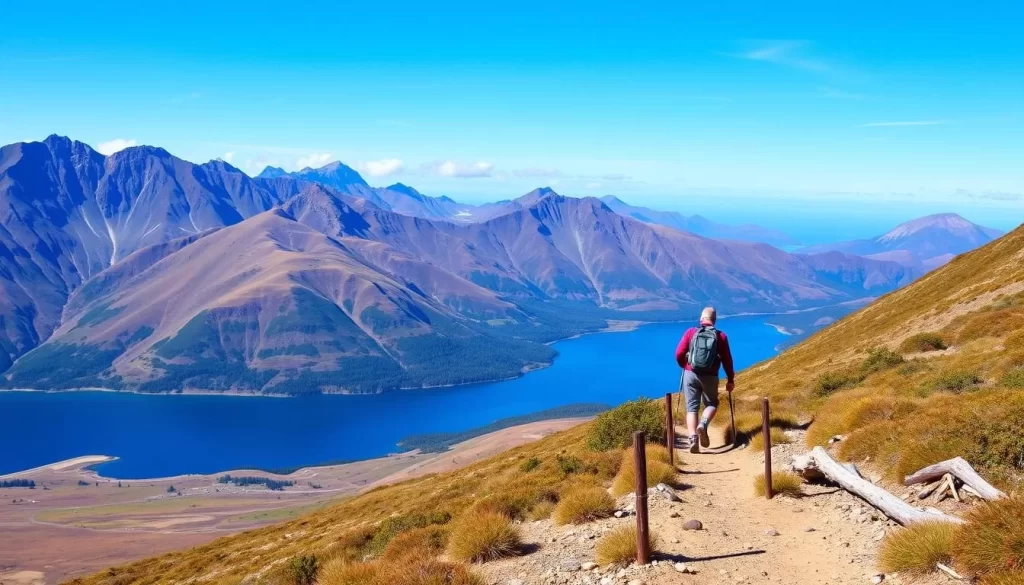 Image of a hiker on a trail near Destruction Bay with mountain views