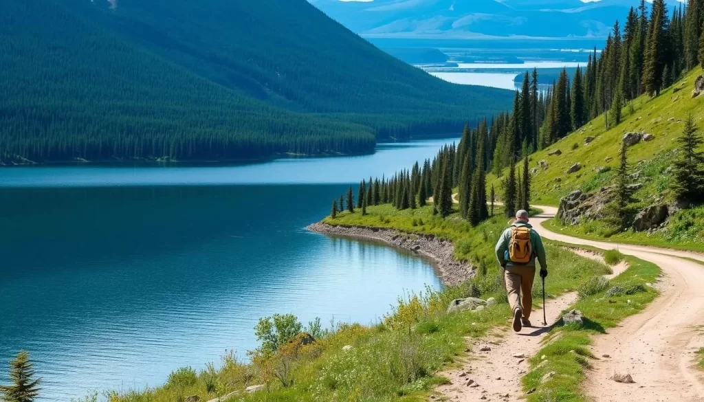 Image of a hiker on a trail near Lake Manitoba