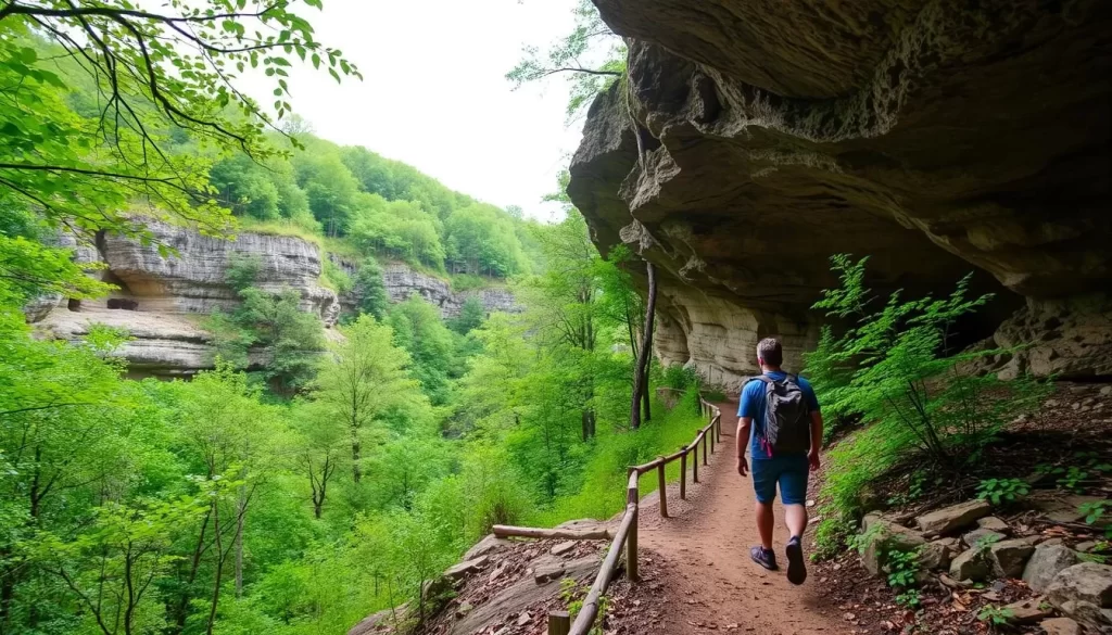 Image of a hiker on the Maquoketa Caves State Park trails
