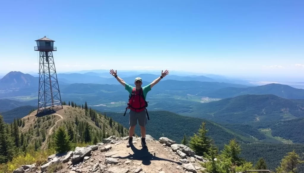 Image of a hiker reaching the Allagash Mountain fire tower