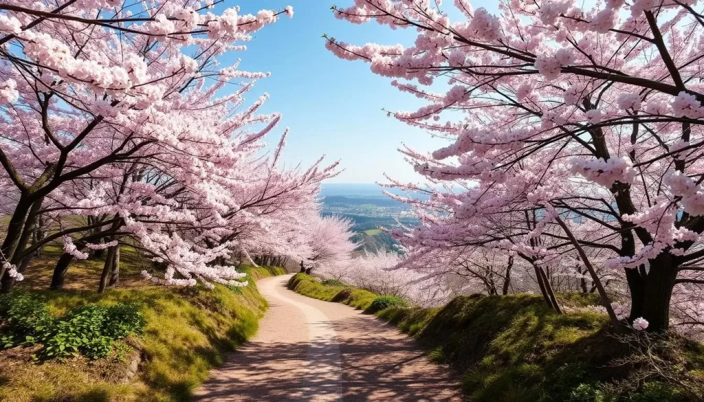 Image of a hiking trail in Okayama during spring with blooming cherry blossoms