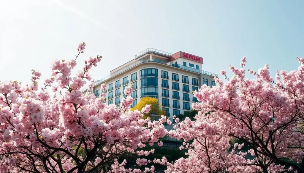 Image of a hotel in Nagasaki with cherry blossoms in bloom
