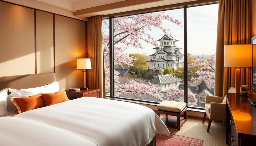 Image of a hotel room with a view of Okayama Castle during cherry blossom season