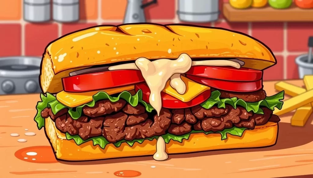 Image of a jibarito sandwich being prepared with fried plantains, meat, lettuce, tomato, cheese, and garlic mayonnaise.