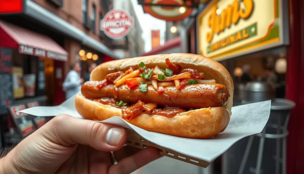 Image of a juicy Maxwell Street Polish sausage sandwich being served at Jim's Original.