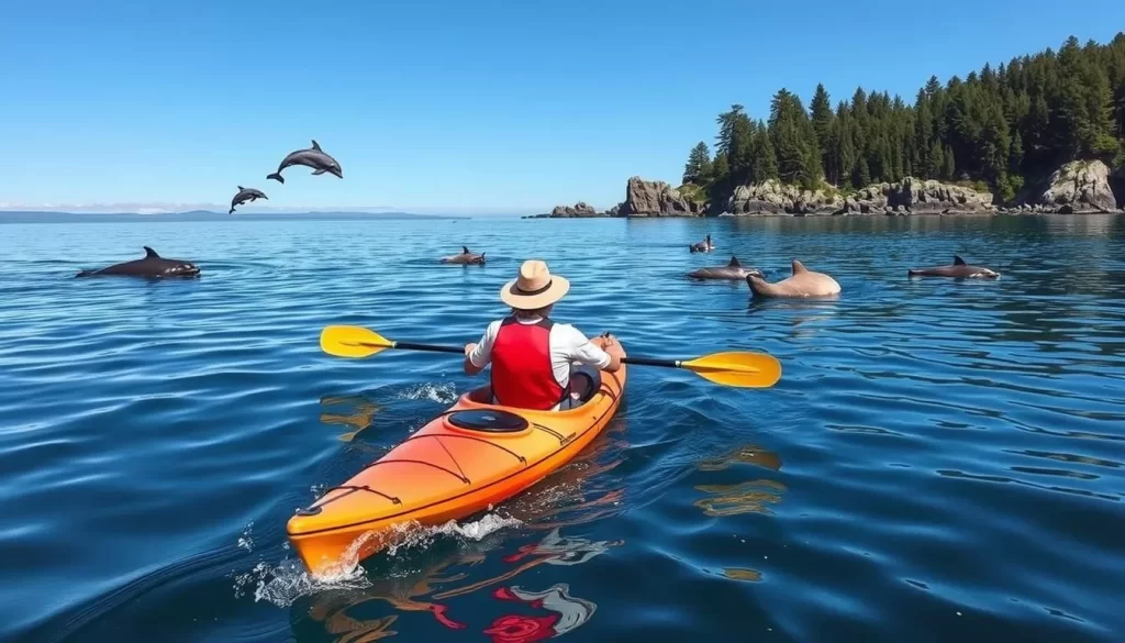 Image of a kayaker paddling through the calm waters of San Juan Island with marine wildlife in the background.
