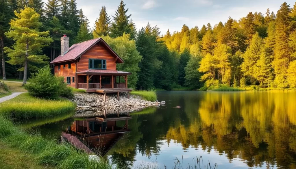 Image of a lakeside cabin