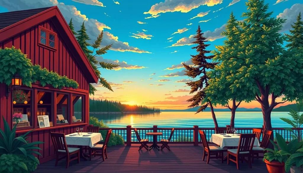 Image of a lakeside restaurant with a scenic view of Lake Manitoba