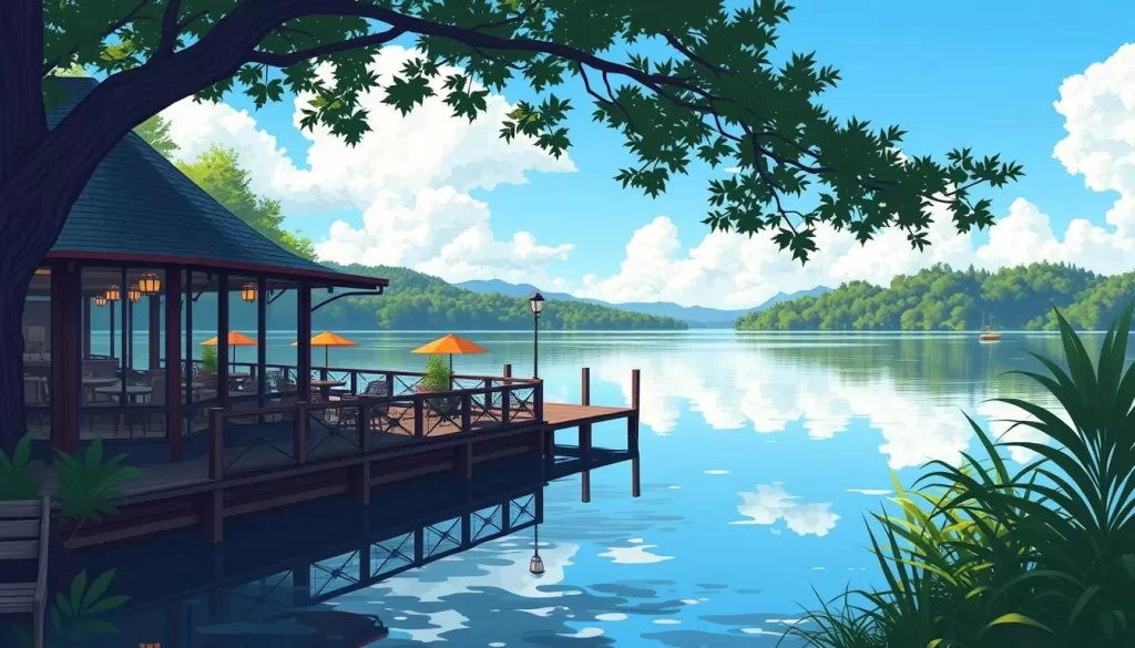 Image of a lakeside restaurant with a serene view