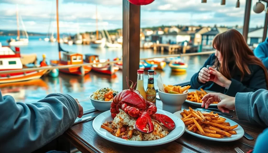 Image of a lobster supper at Fisherman's Wharf with a picturesque harbor view