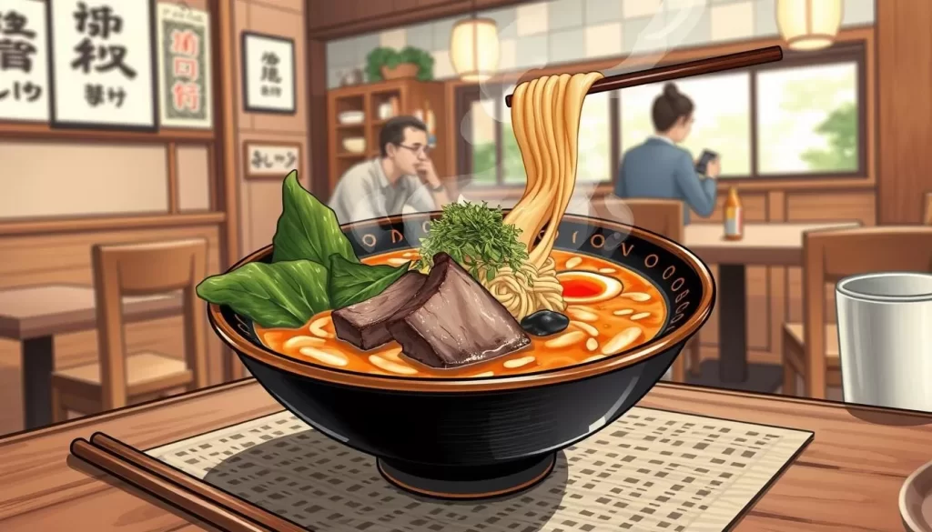 Image of a local dish, such as venison miso ramen, in a restaurant