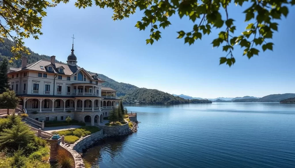 Image of a luxurious lakeside hotel with Kussharo Lake in the background