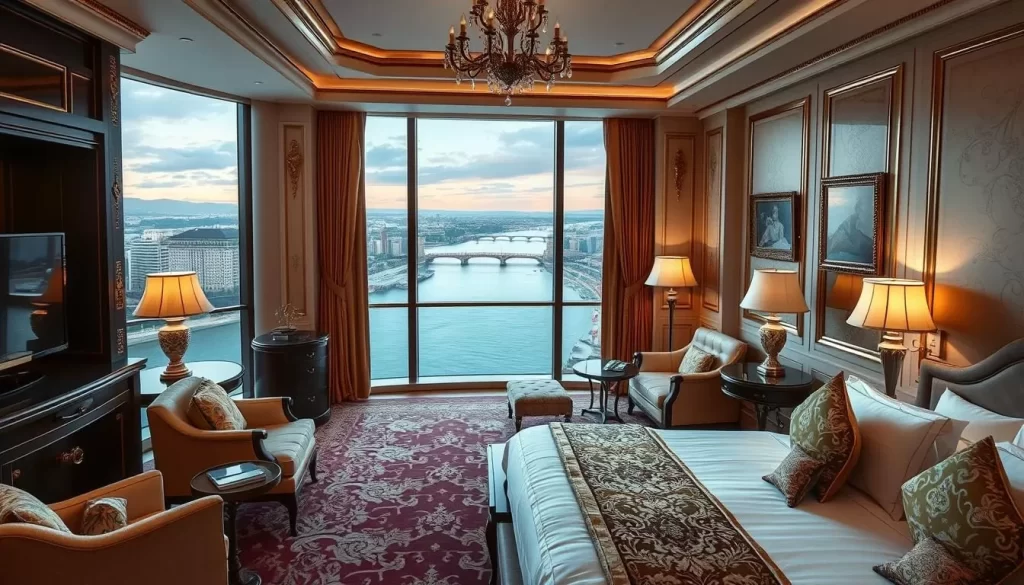 Image of a luxury hotel suite with a river view