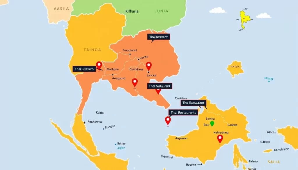 Image of a map highlighting different regions of Thailand with London's Thai restaurants marked