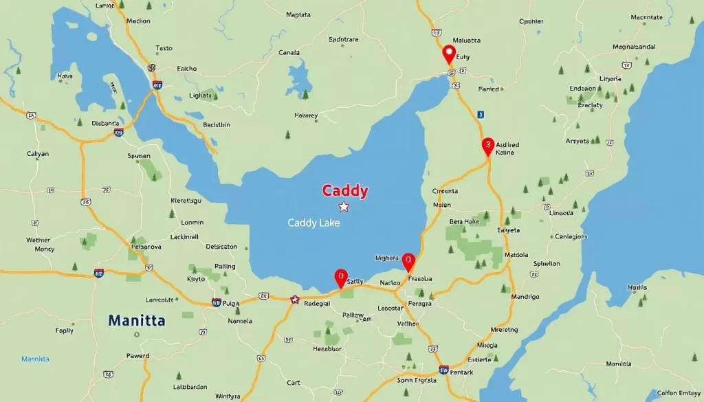 Image of a map showing directions to Caddy Lake, Manitoba