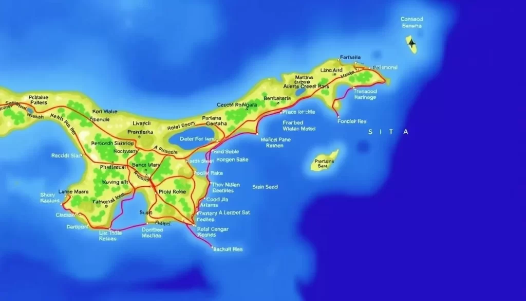 Image of a map showing the San Blas Islands, Panama, with various tour routes
