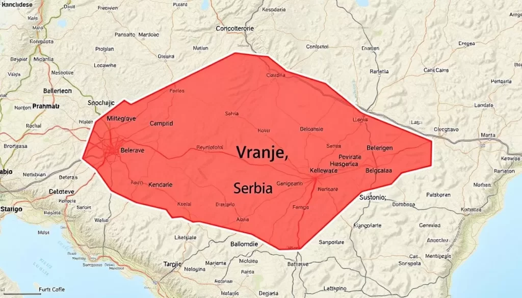Image of a map showing the location of Vranje, Serbia, and its connections to major cities like Belgrade and Skopje.