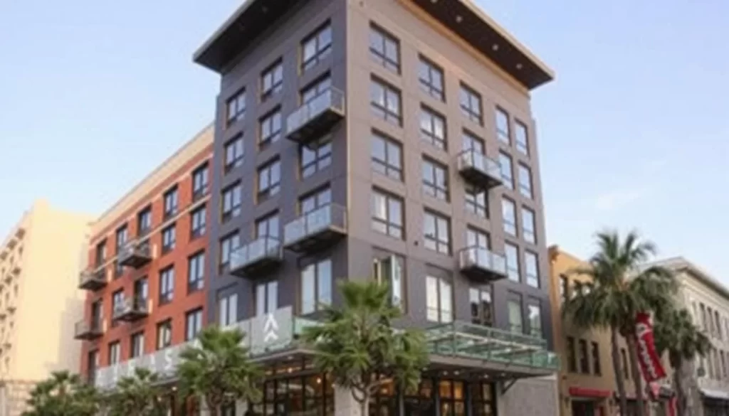 Image of a modern hotel in downtown Santa Ana with historic architecture nearby