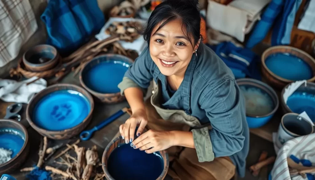 Image of a person participating in an indigo dyeing workshop
