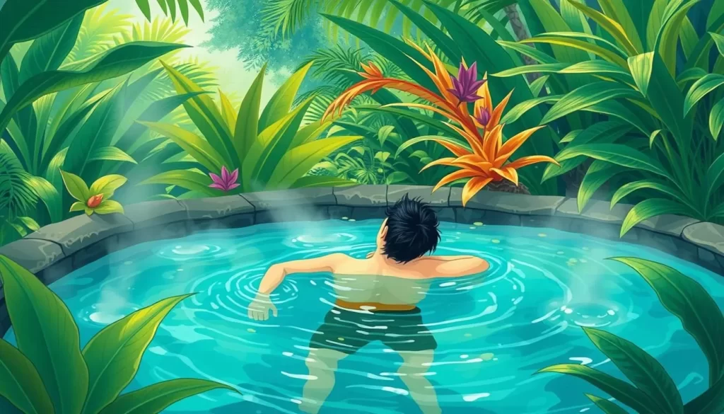 Image of a person relaxing in the natural hot springs surrounded by lush vegetation
