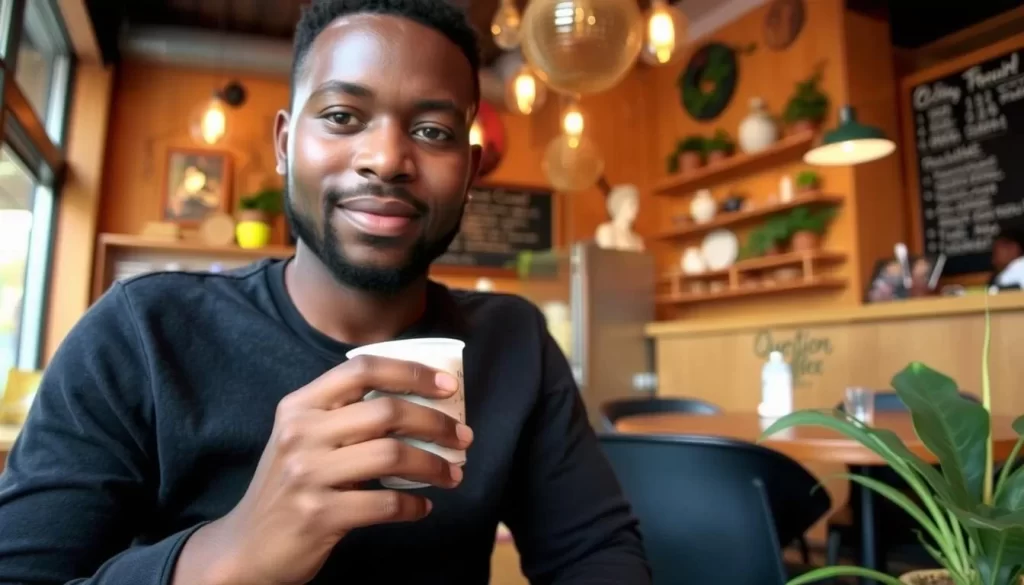 Image of a person sipping coffee at Question Coffee in Kigali