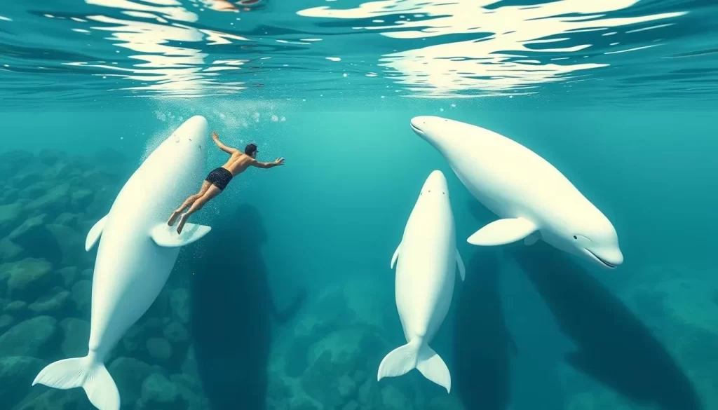 Image of a person swimming alongside beluga whales in the Churchill River estuary