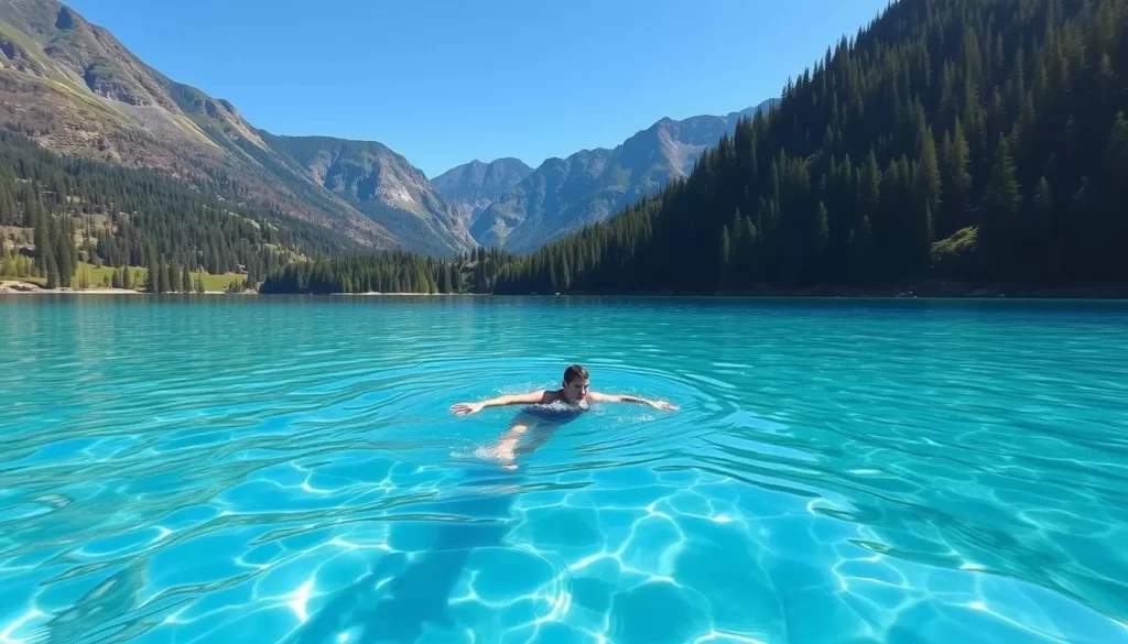 Image of a person swimming in the crystal-clear waters of Clearwater Lake