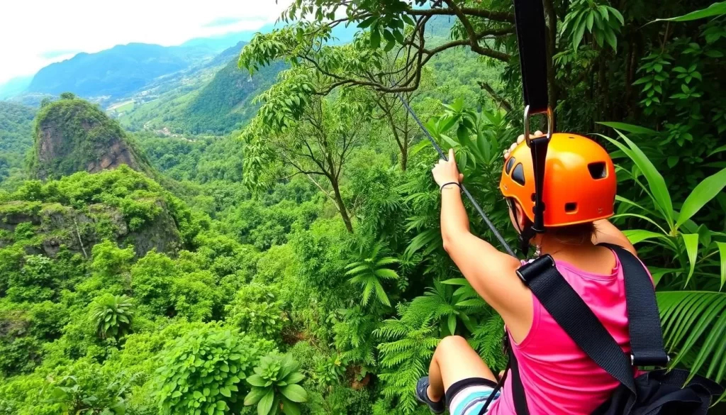 Image of a person zip-lining through the jungle canopy near Flores, Guatemala