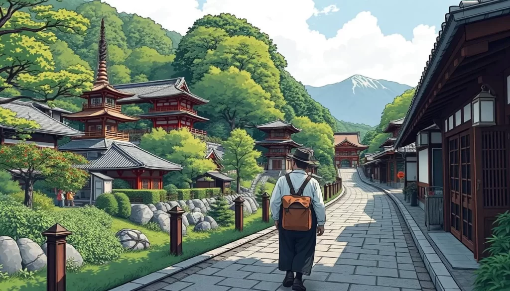 Image of a pilgrim walking along the Shikoku Pilgrimage route in Matsuyama