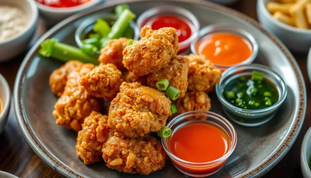 Image of a plate of Korean fried chicken with a variety of sauces