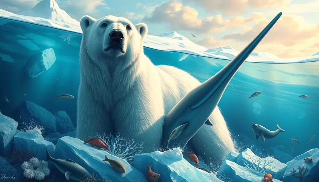 Image of a polar bear and narwhal in their Arctic habitat