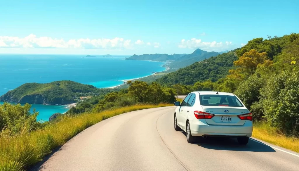Image of a rental car driving on a scenic route on Miyako Island