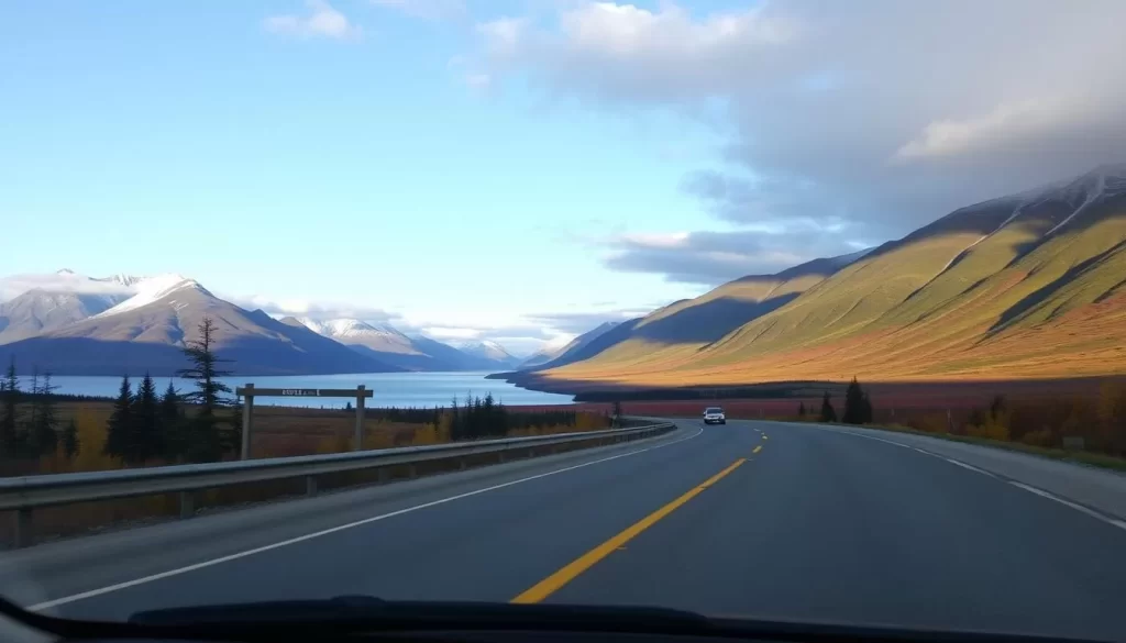 Image of a scenic drive on the Alaska Highway near Destruction Bay
