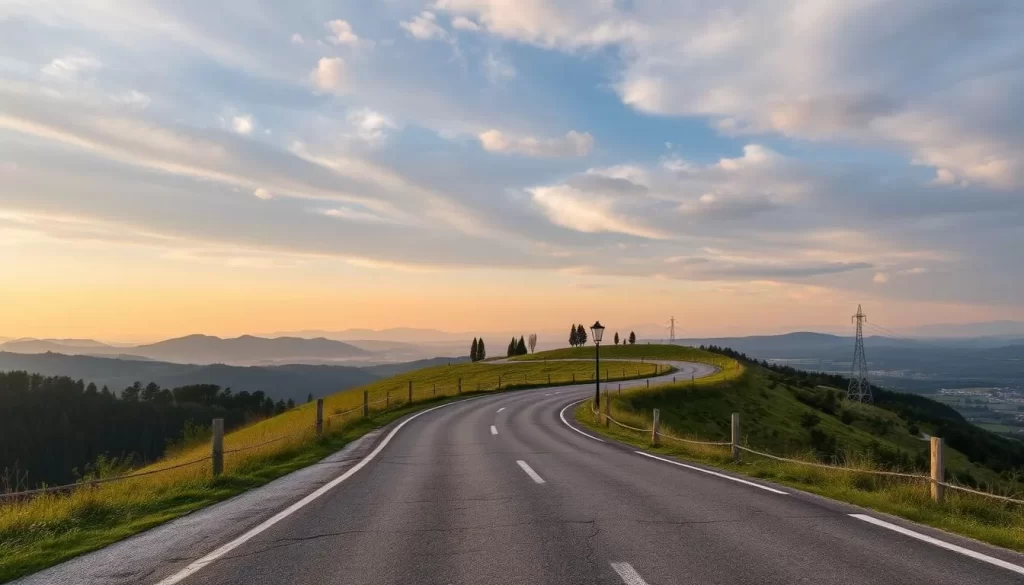 Image of a scenic road leading out of Topola, Serbia, towards nearby attractions.