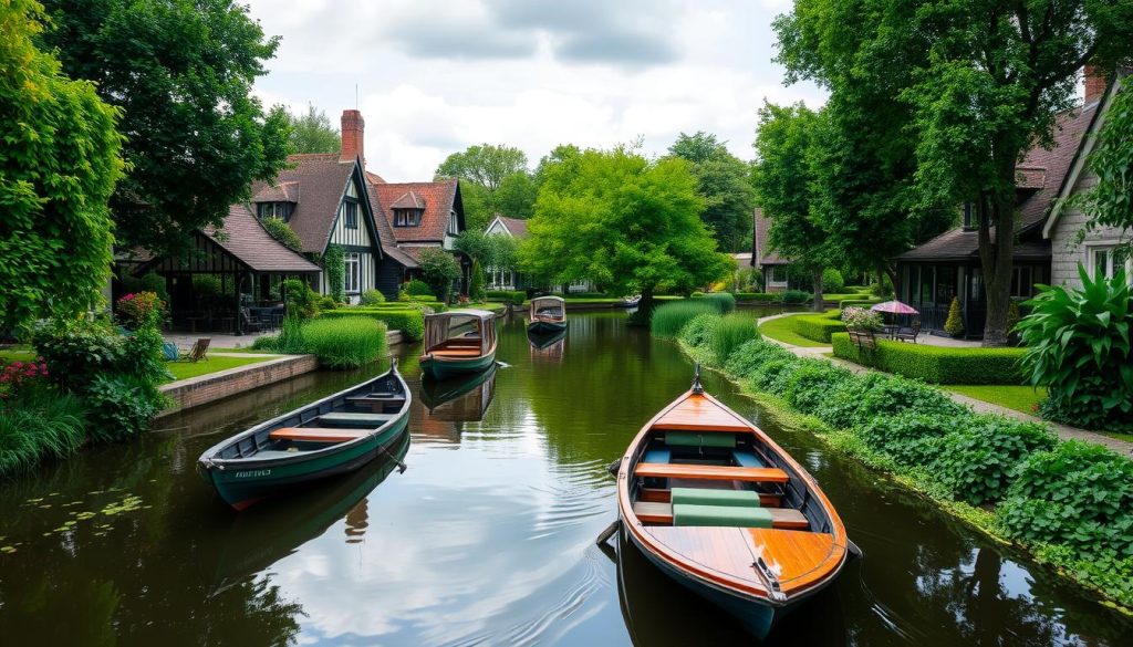 Image of a serene Giethoorn canal with traditional punter boats