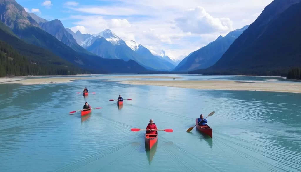 Image of a serene Nahanni River with canoes paddling through its calm waters, surrounded by majestic mountains.