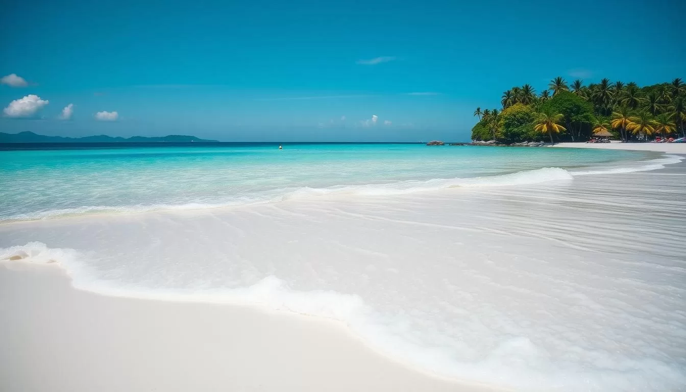 Image of a serene Seychelles beach with crystal-clear waters and white sand