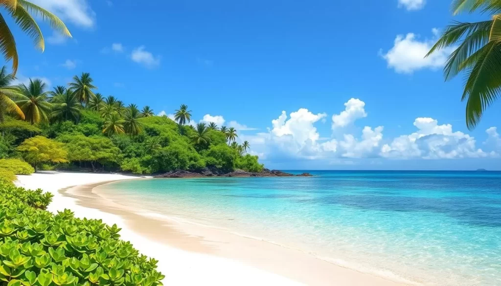 Image of a serene beach in Yoron Island with crystal-clear waters and lush greenery.