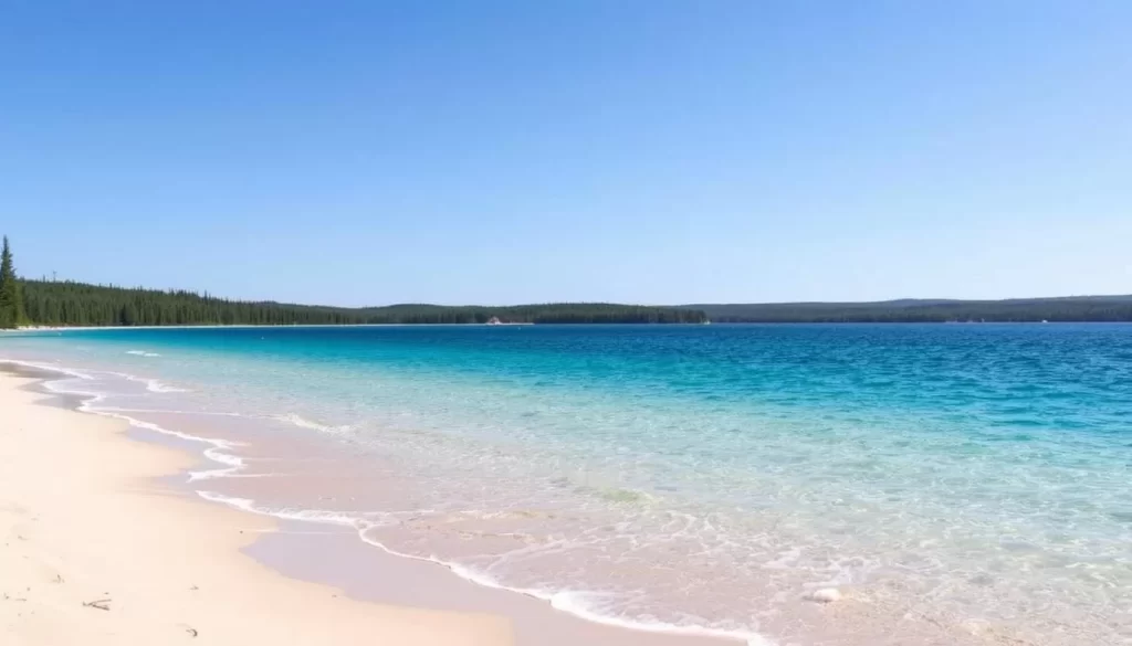 Image of a serene beach scene at Paint Lake Provincial Park with clear water and sandy shoreline.