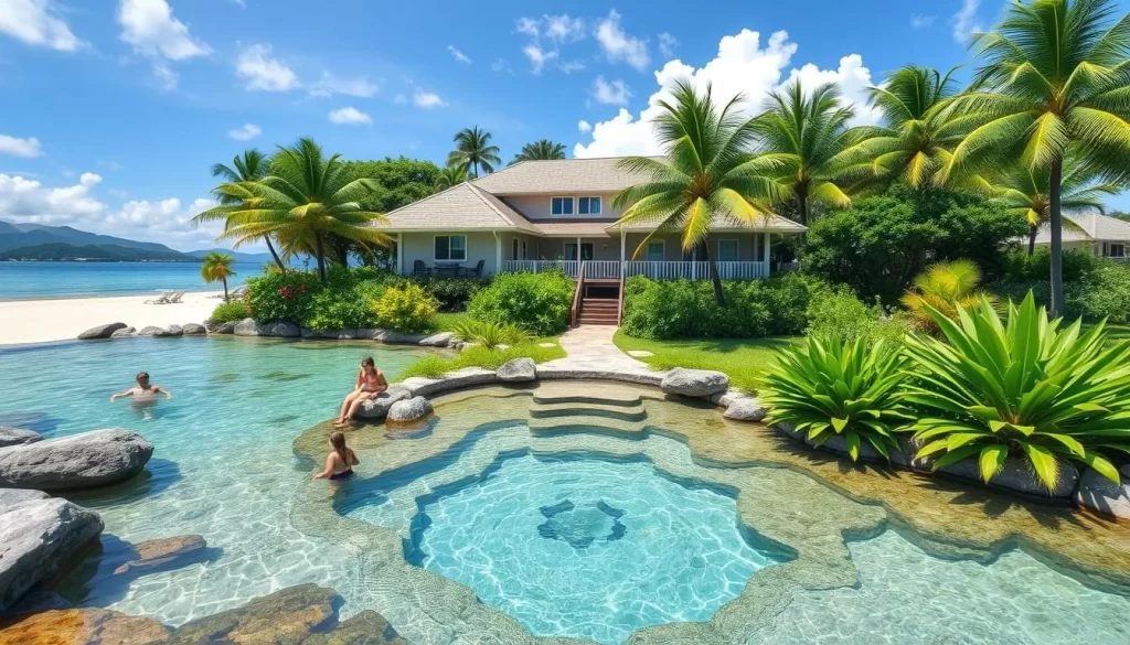 Image of a serene beachfront resort in Okinawa with a natural hot spring