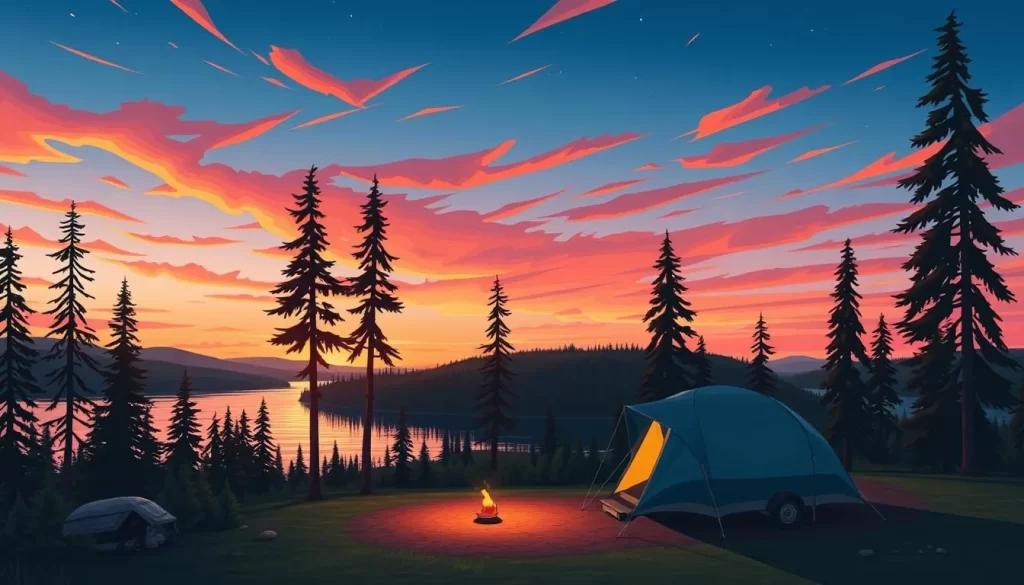Image of a serene campsite at St. Malo Provincial Park during sunset