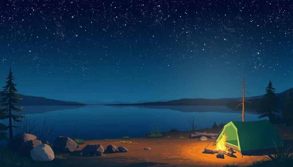 Image of a serene campsite by Lake Inawashiro at night with stars shining above