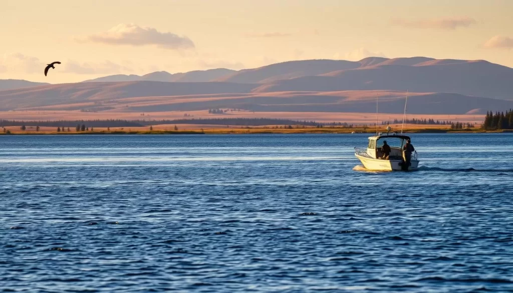 Image of a serene fishing scene on Great Slave Lake with a fishing boat and anglers in the distance.