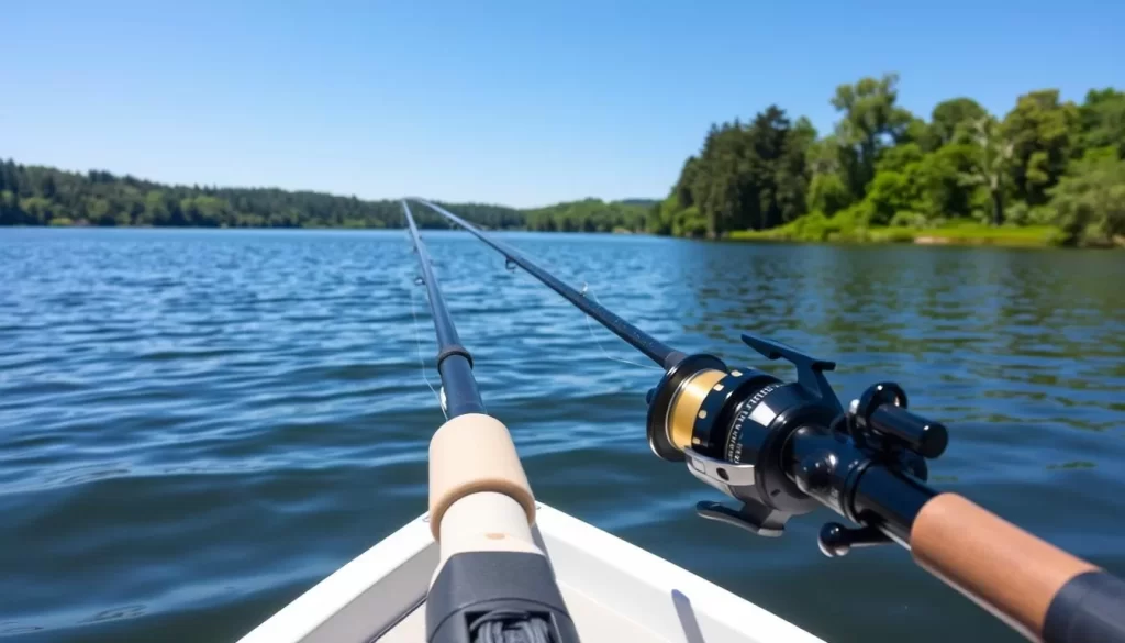Image of a serene fishing spot at Cedar Lake with a rod and reel in the water